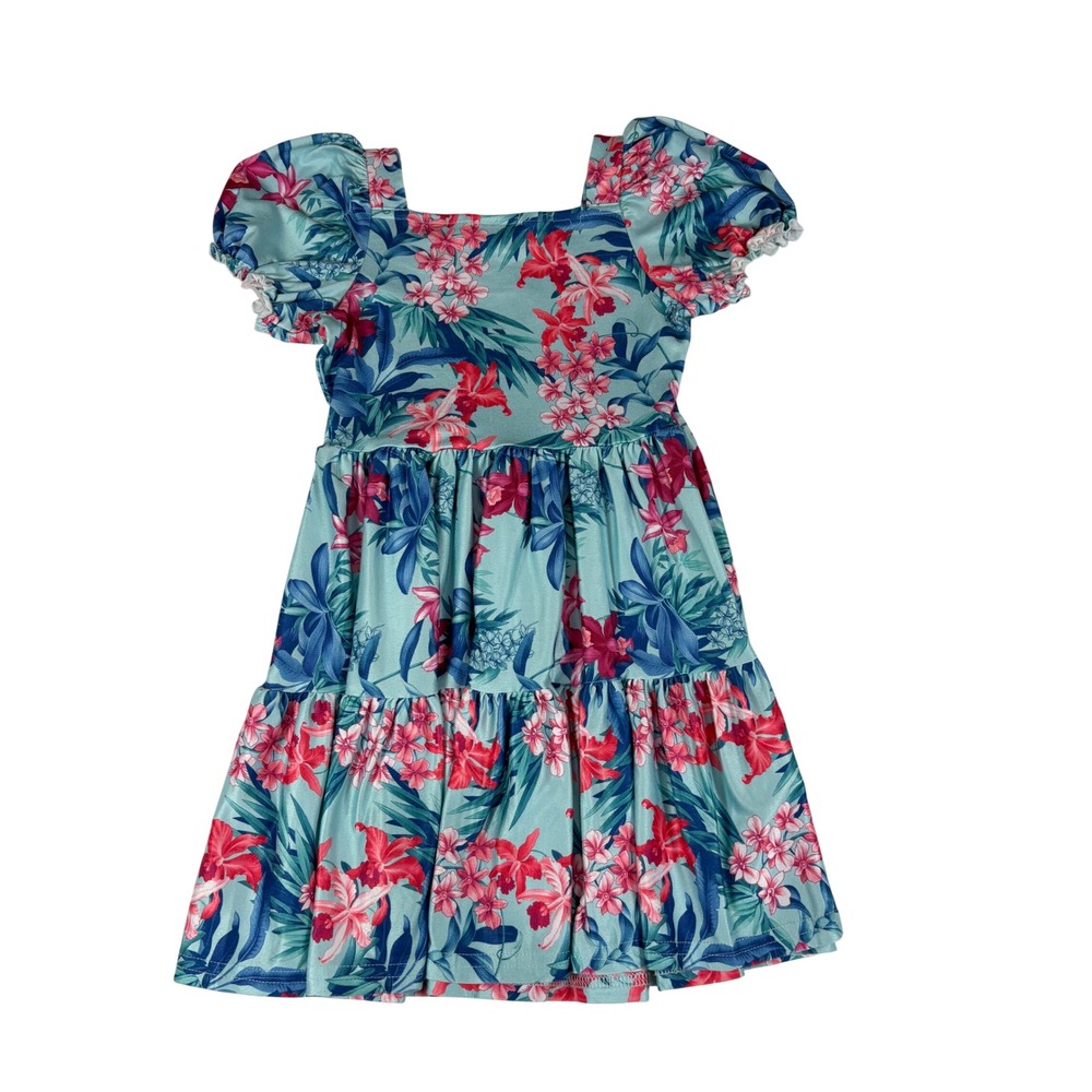 Tommy Bahama Girls 4T Aqua Blue Tropical Floral Tiered Puff Sleeve Dress Logo